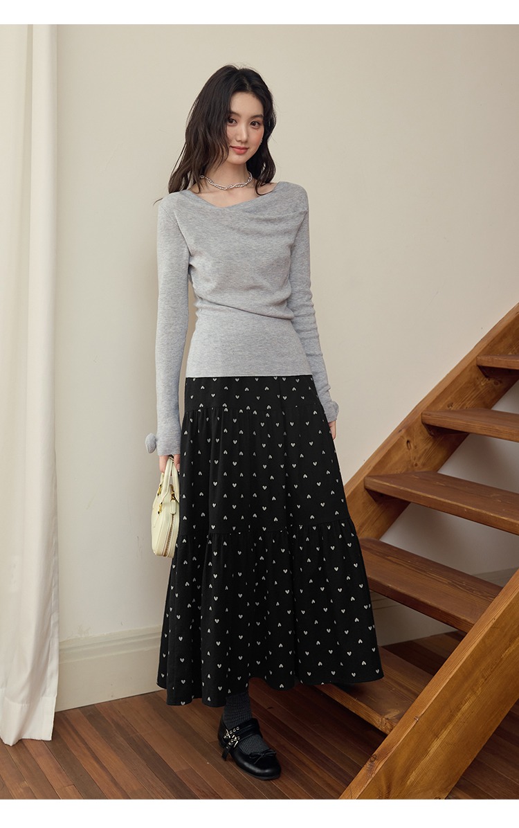 中大尺碼愛心印花A字蛋糕裙黑色長裙磨毛秋季裙子