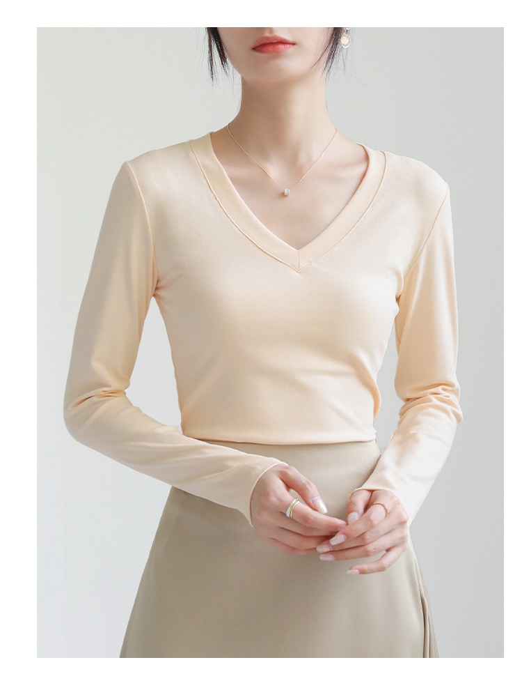小V領打底衫上衣女內搭白色外穿正肩洋氣顯瘦修身長袖T恤