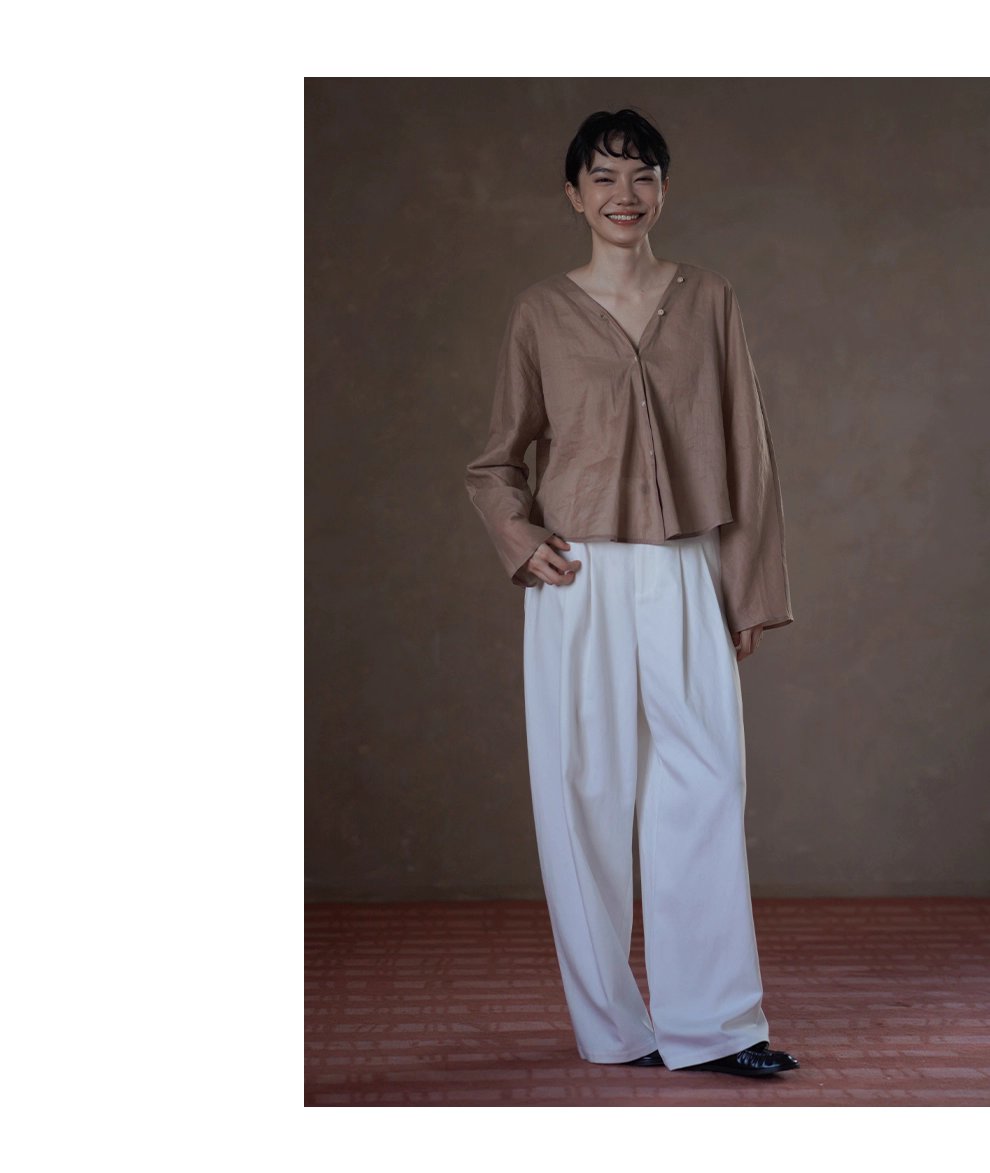 天然苧麻棉乾爽透氣肌理V領連肩袖薄顯瘦通勤長袖襯衫