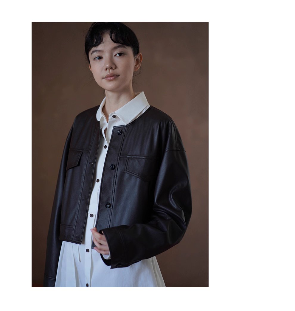 復古回潮細膩軟糯圓領廓形寬鬆顯瘦短款小個子皮衣夾克