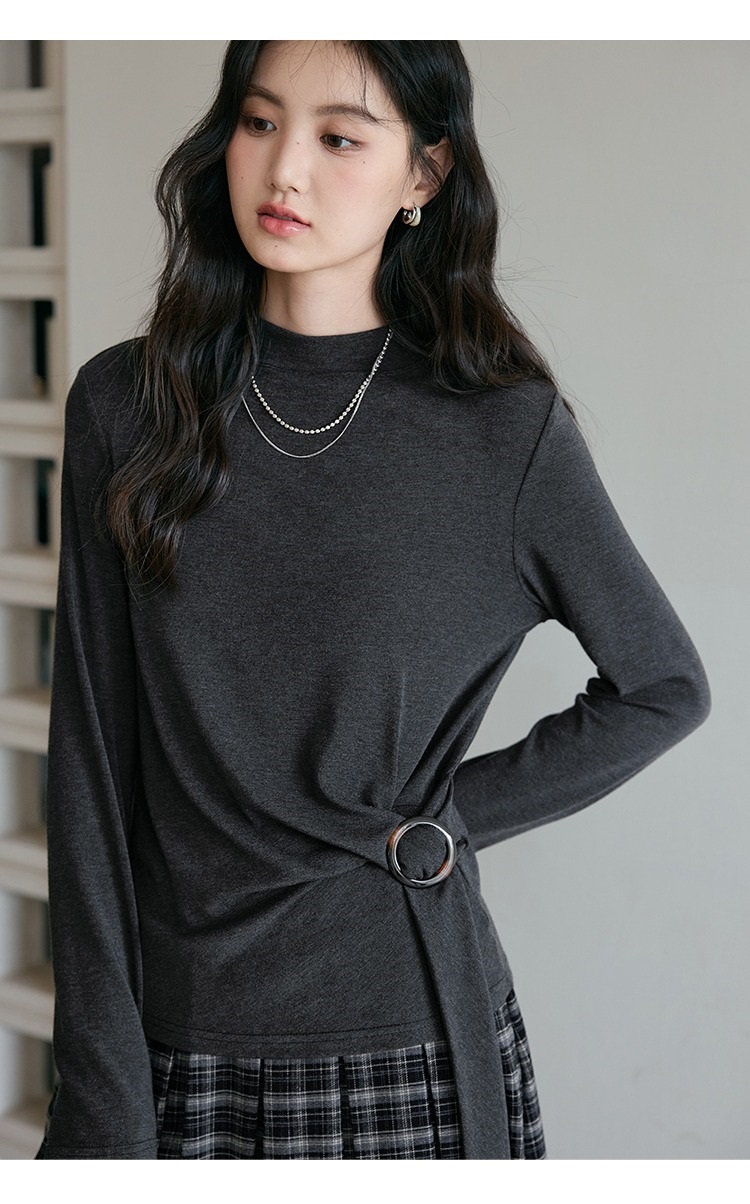 中大尺碼長袖T恤女飄帶上衣半高領打底衫上衣