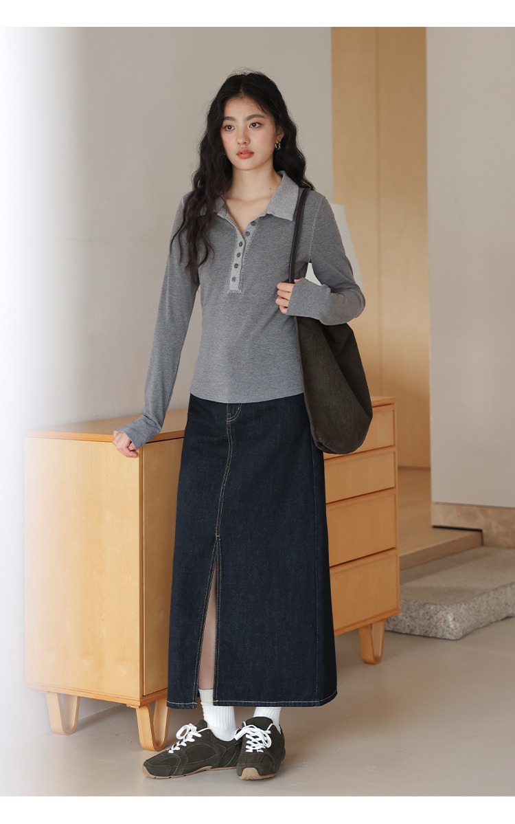 大尺碼正肩Polo領子長袖T恤女灰色上衣