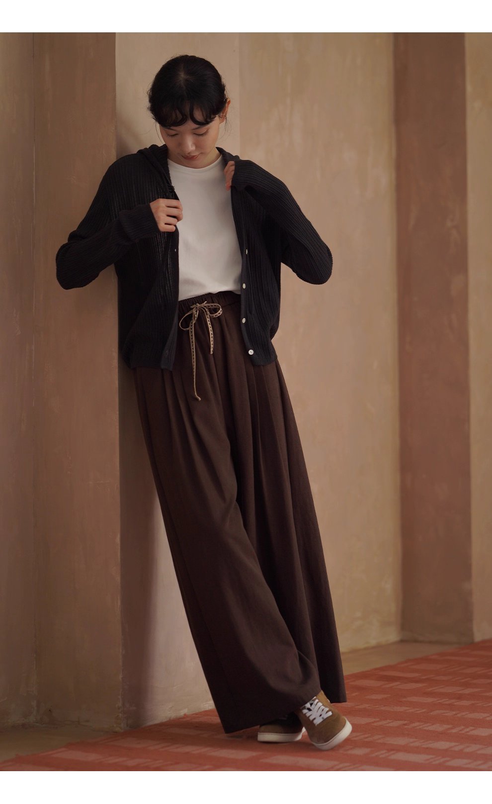 榛果拿鐵長褲顯瘦輪廓柔軟寬鬆織帶抽繩高腰遮肉闊腿褲