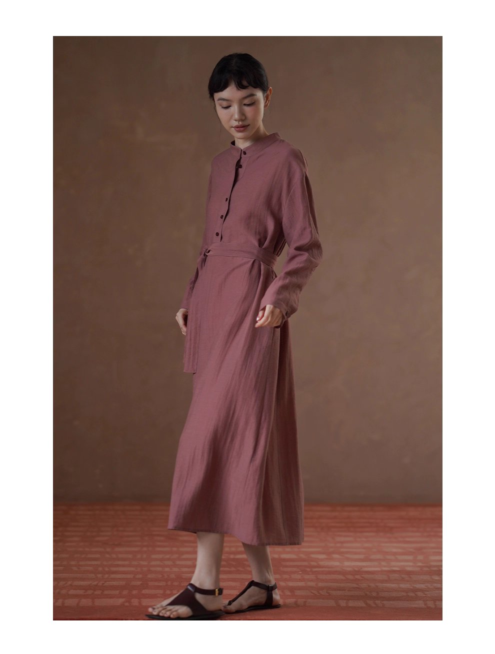 清雅芍藥顯白亞麻混紡透氣挺括顯瘦寬鬆立領襯衫洋裝