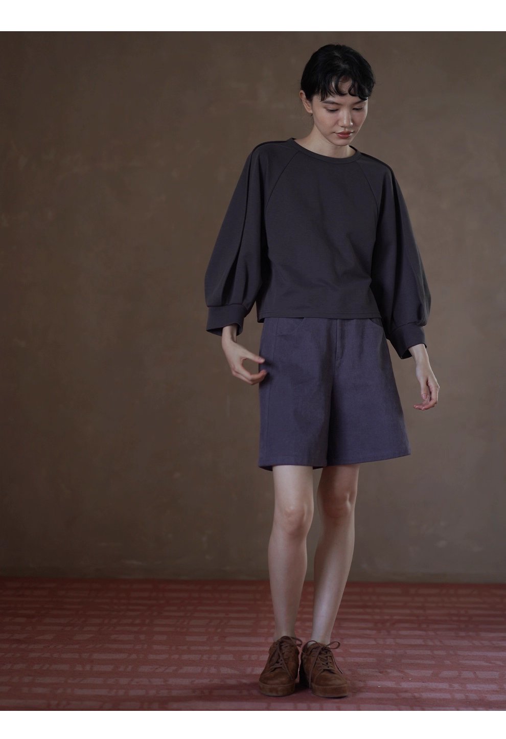 顯瘦遮肉輪廓立體燈籠剪裁插肩袖圓領上衣寬鬆休閒T恤女