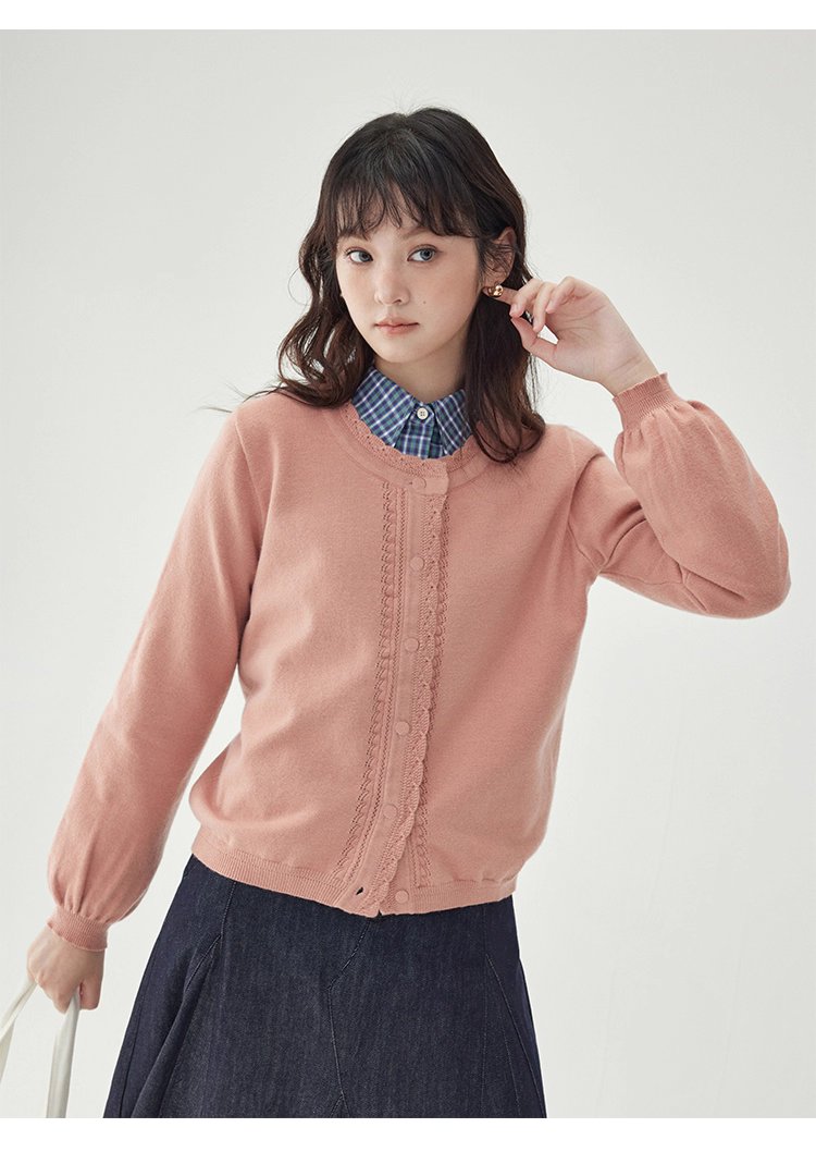 韓系提花圓領長袖針織衫女秋新款單排扣外套上衣