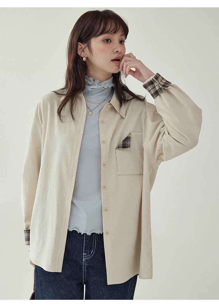 撞色格紋燈芯絨長袖襯衫女秋季新款翻領外套上衣