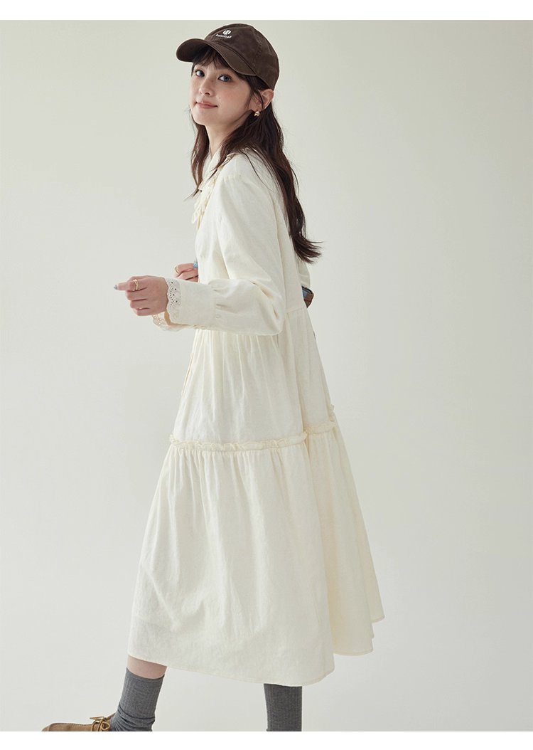 減齡純色花邊翻領洋裝女秋季新款中長娃娃裙