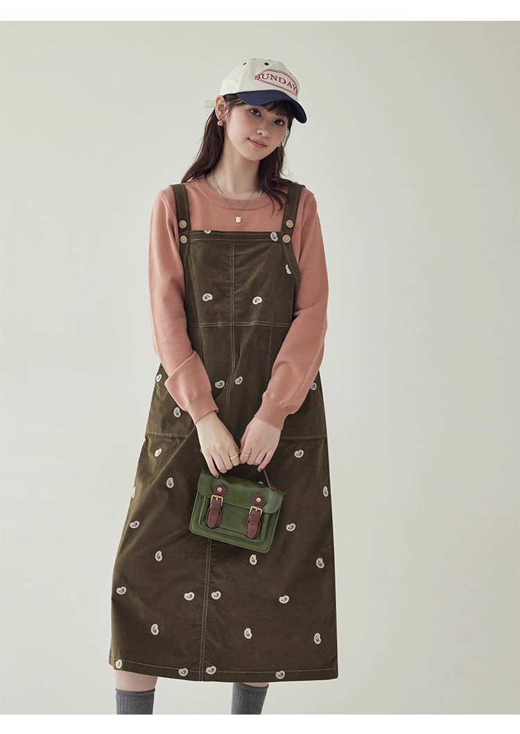 減齡刺繡純棉背帶洋裝女秋季新款後開叉a字裙