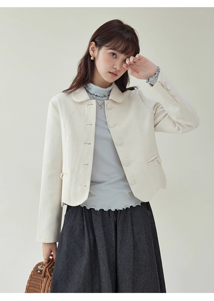 小香風純色單排扣短外套女秋新款波浪擺長袖上衣