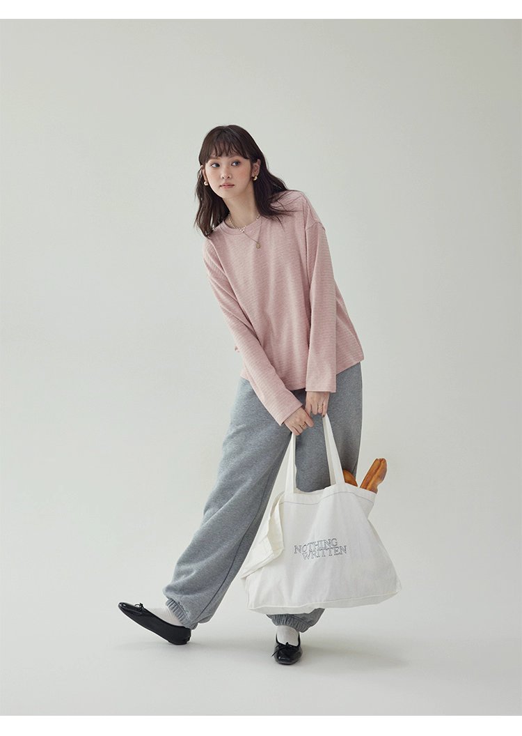 韓系藍線圓領長袖T恤女秋季新款簡約寬鬆上衣