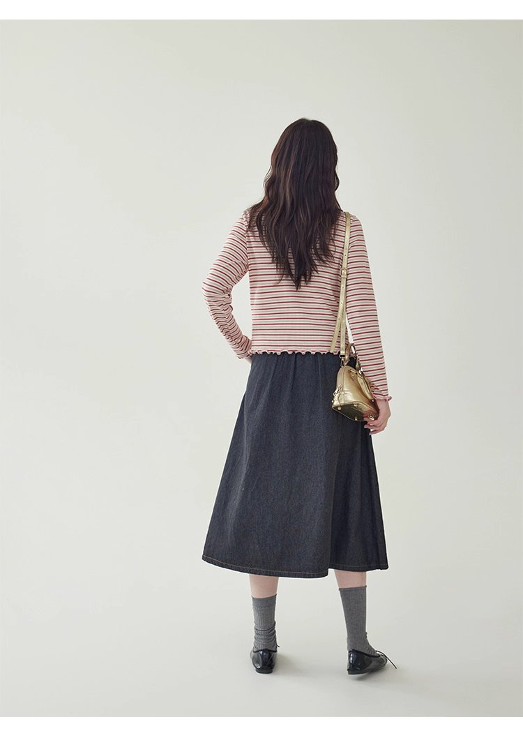 下擺扣條紋兩穿內搭T恤女秋新款花邊長袖上衣