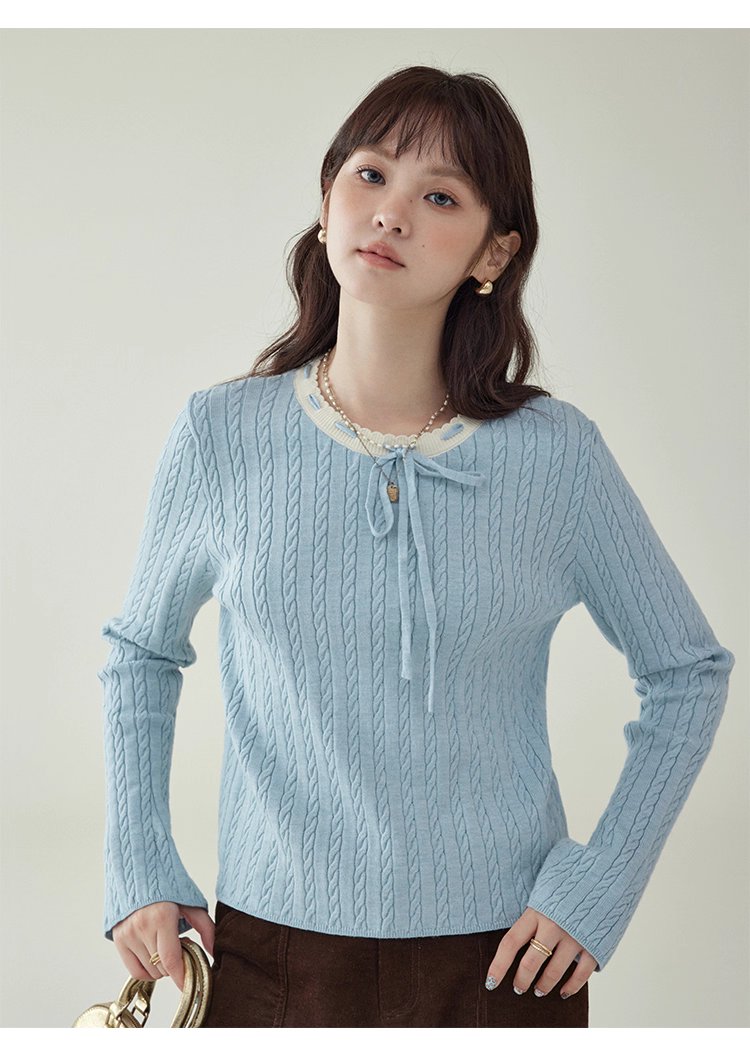 藍色綁帶圓領扭花針織衫女秋季新款百搭長袖上衣