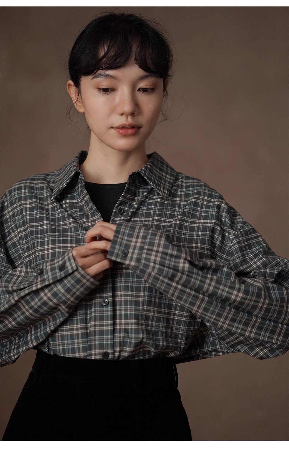 馬德拉斯復古格紋襯衫落肩寬鬆英倫疊穿學院翻領上衣女