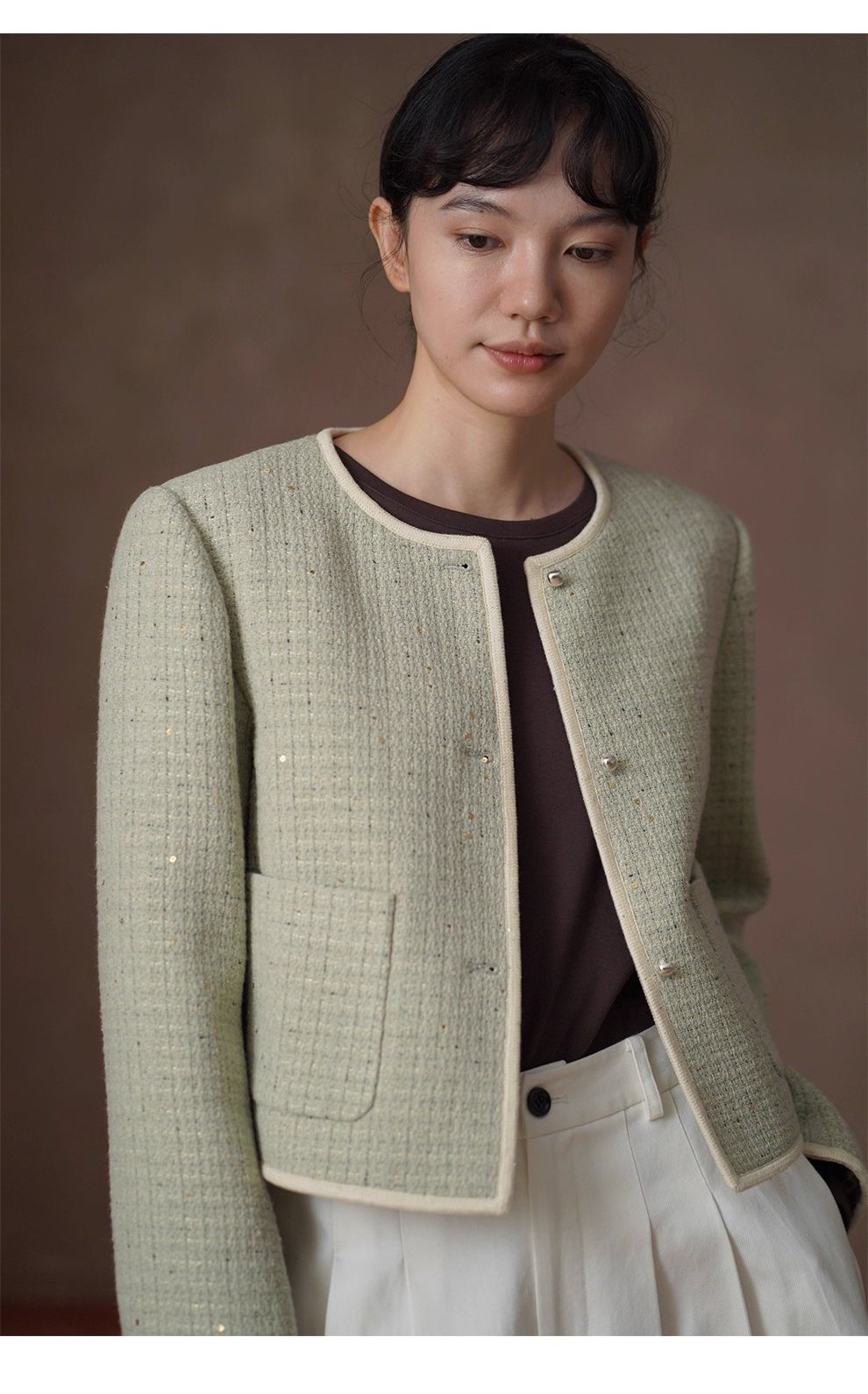 茉莉花紗編織小香羊毛混紡肌理感通勤顯瘦短版西裝外套