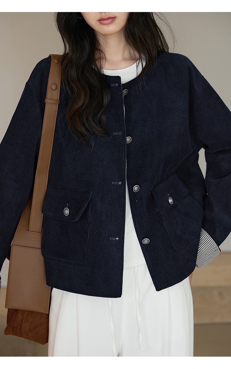 胖mm大尺碼燈芯絨外套韓系穿搭深藍色開衫外套