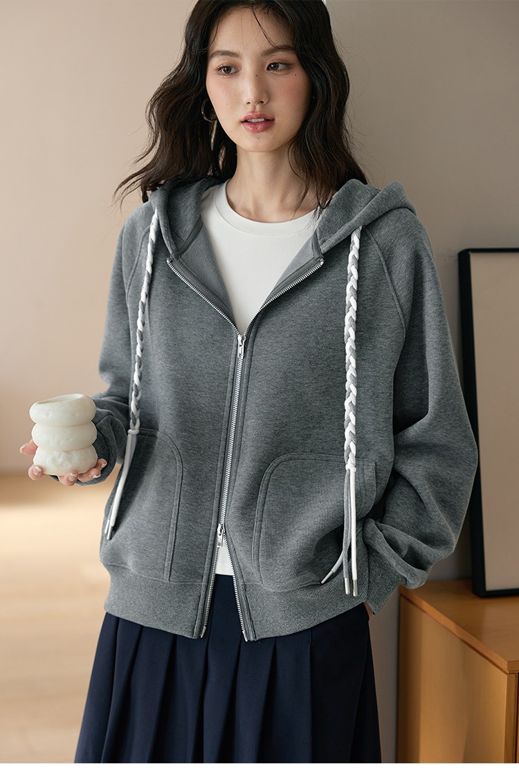 大尺碼連帽刷絨外套寬鬆上拉鍊長袖外套