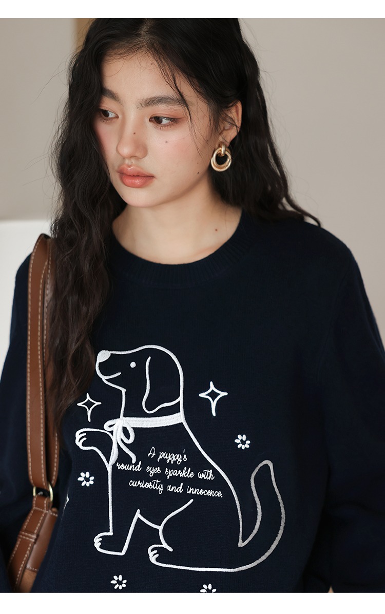 大尺碼小狗刺繡毛衣慵懶針織衫秋冬寬鬆上衣