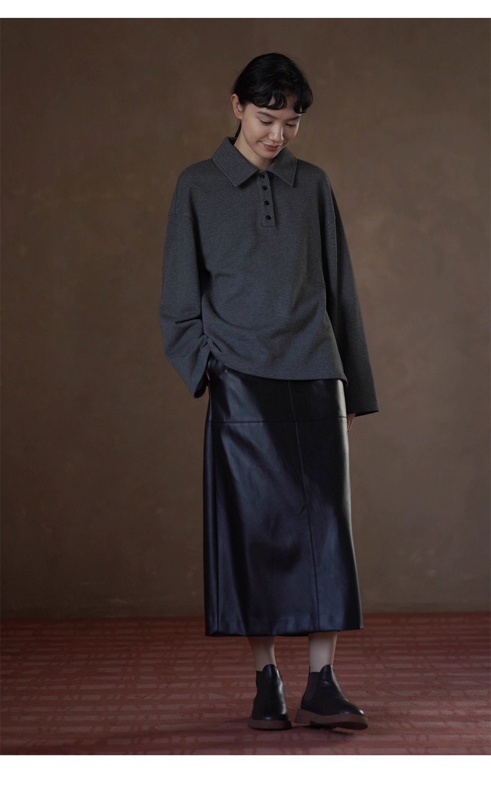 復古經典休閒碰撞Polo領寬鬆顯瘦100棉做舊花灰落肩衛衣