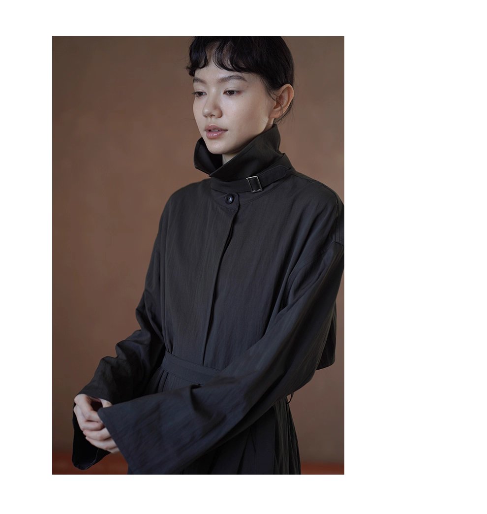 晚潮綠波風衣洋裝微皺肌理感寬鬆腰帶顯瘦通勤外套女