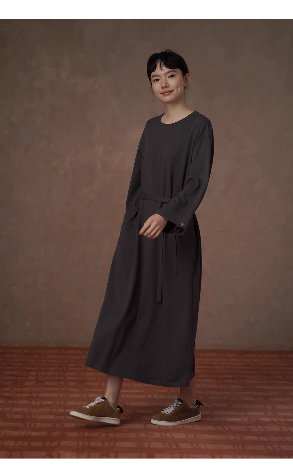 綿柔禪意100棉寬鬆直筒圓領可調式腰帶顯瘦藏肉通勤裙子