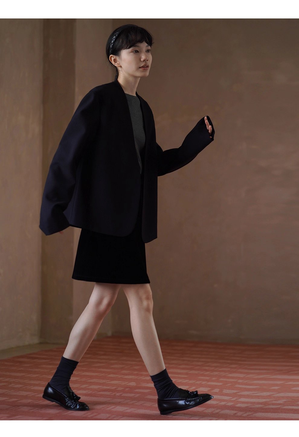 S級基本款內搭深花灰肌理彈性顯瘦合身一字領長袖上衣女