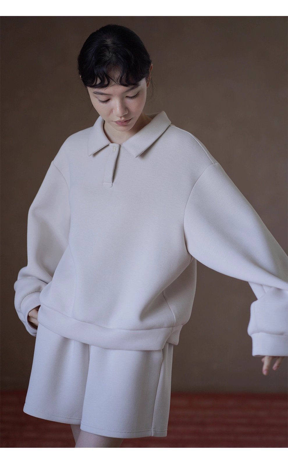 綿軟暖糯衛衣套裝寬鬆落肩Polo領顯瘦上衣鬆緊高腰短褲