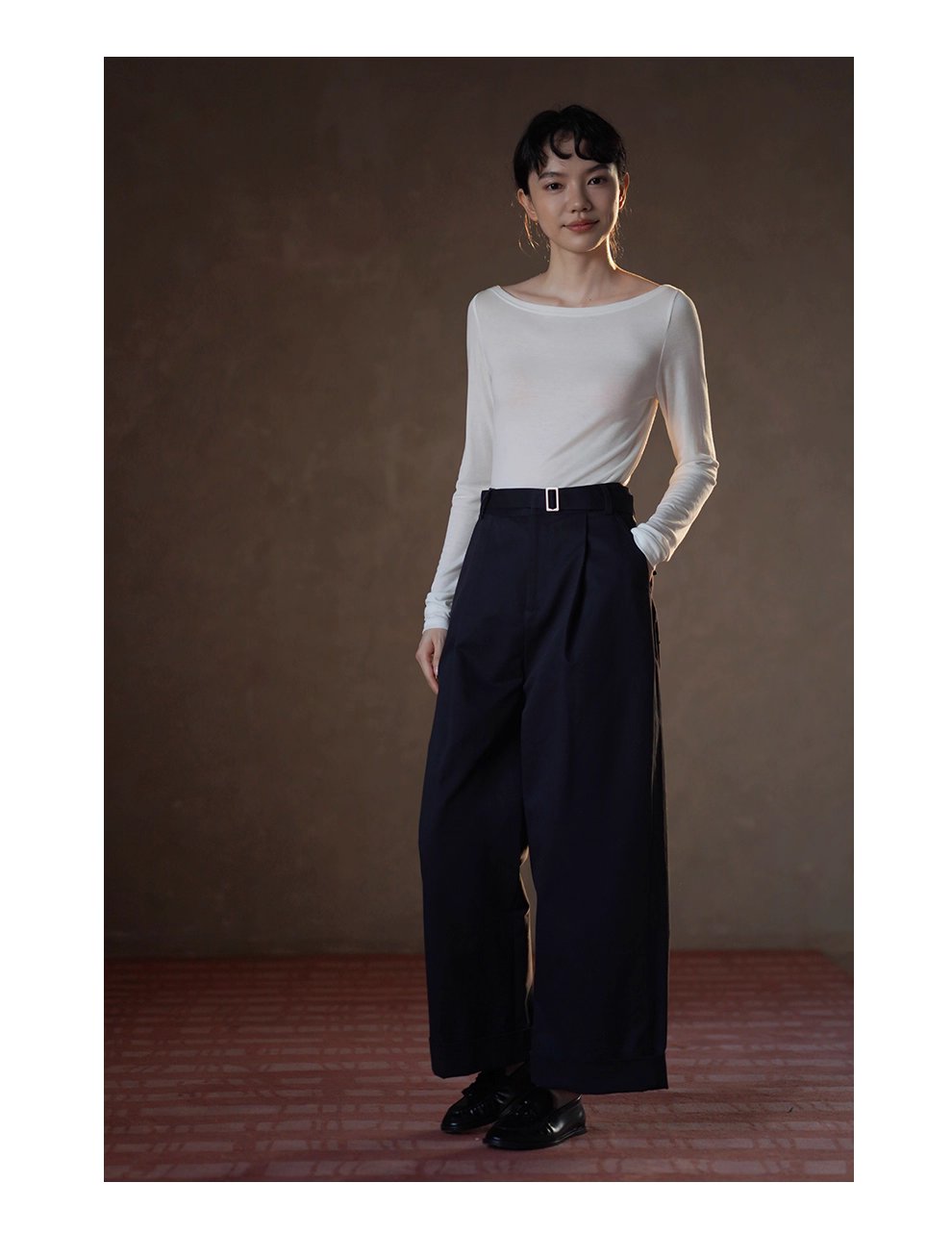 無可挑剔挺括棉感可調式腰帶直筒寬鬆闊腿顯瘦高腰長褲