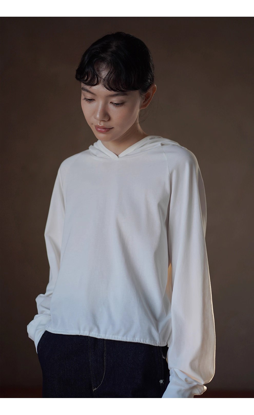 100棉垂軟寬鬆顯瘦連帽休閒長袖上衣可調整下擺T恤內搭