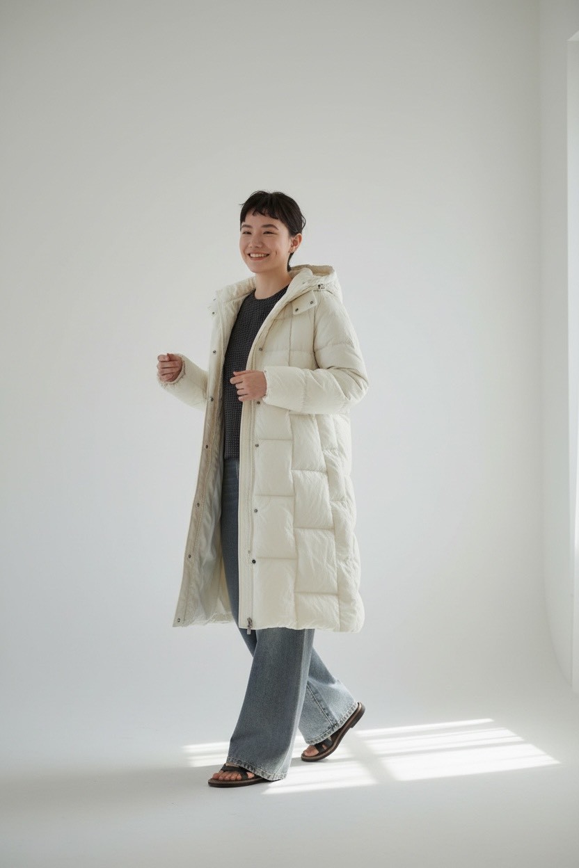 冬季重工簡約充絨工藝90白鴨絨連帽不厚重長羽絨服