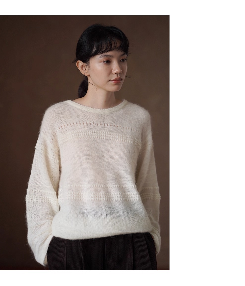 浪漫詩篇唯美重工鉤花馬海毛綿羊毛混紡圓領寬鬆毛衣女