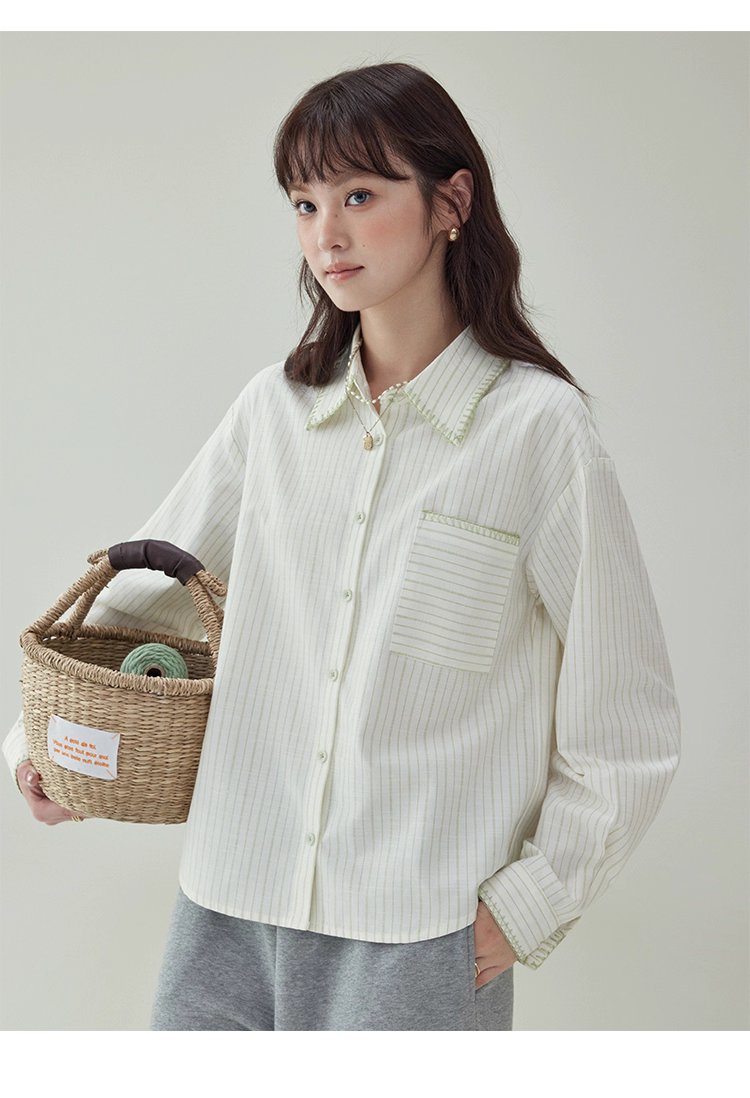 反線條單排扣長袖襯衫女秋季新款polo領寬鬆上衣