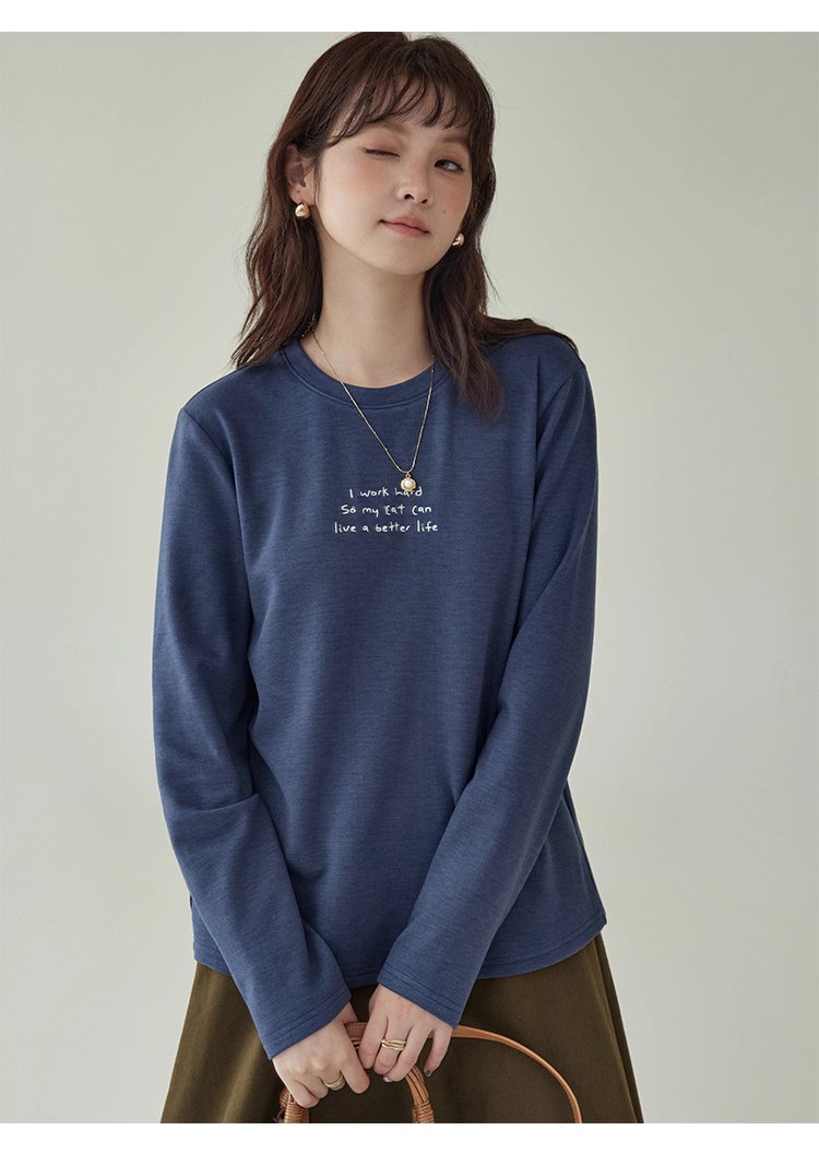 日系刺繡圓領雙面絨長袖T恤女秋季新款百搭上衣