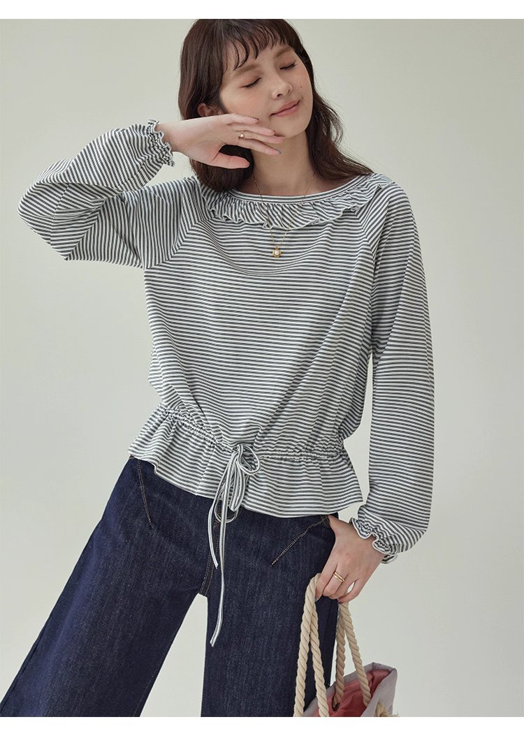 小眾抽繩下擺條紋花邊T恤女秋新款寬鬆長袖上衣