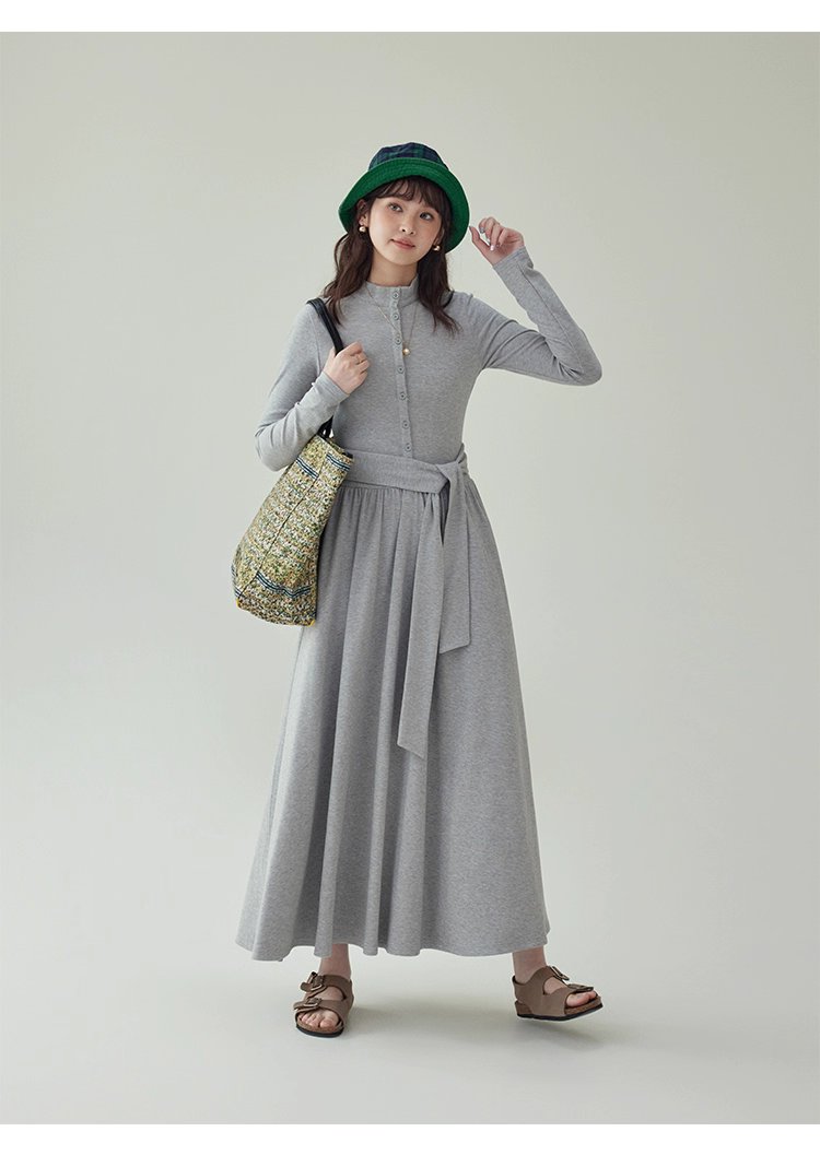 灰色修身高腰綁帶洋裝女秋新款長袖收腰T恤裙