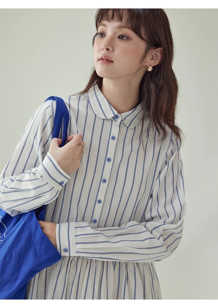 藍條紋娃娃領純棉洋裝女秋新款寬鬆長袖襯衫裙,藍條紋娃娃領純棉洋裝女秋新款寬鬆長袖襯衫裙,HBEW7043,藍條紋娃娃領純棉洋裝女秋新款寬鬆長袖襯衫裙,襯衫洋裝,全棉面料