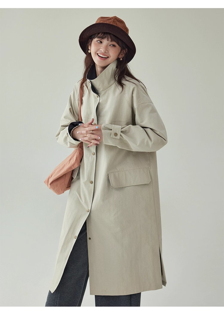 日系純色立領長風衣外套女秋新款寬鬆長袖上衣