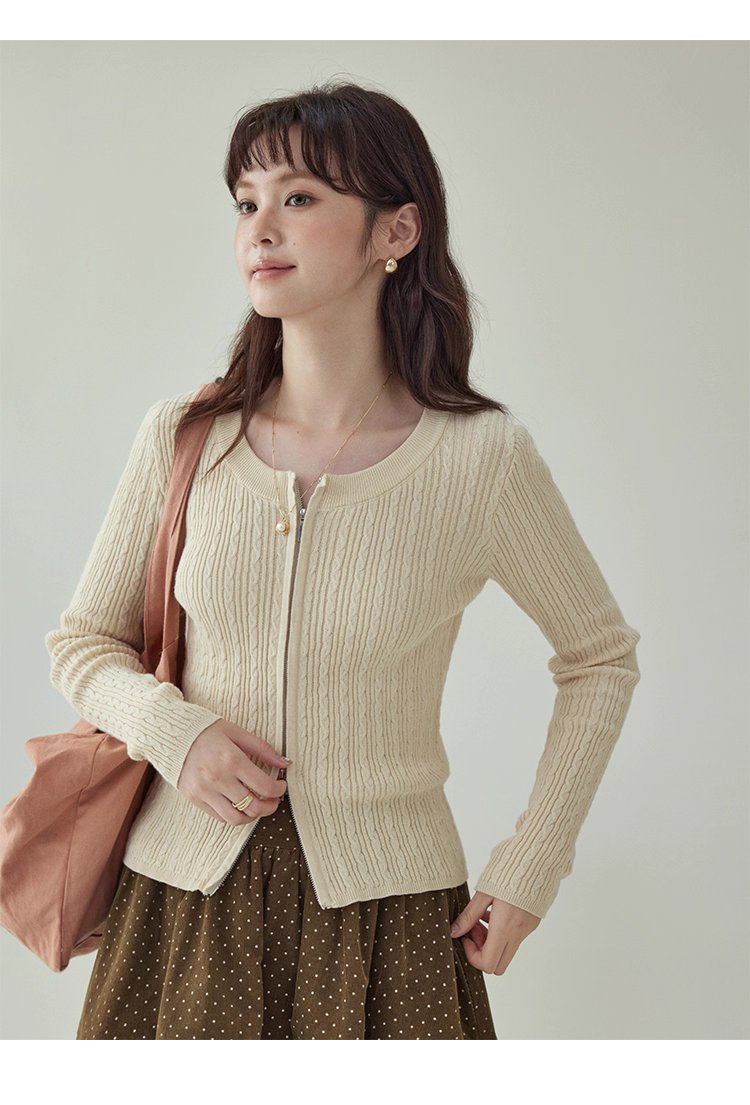 純色麻花雙頭拉鍊針織衫女秋季新款修身純棉上衣