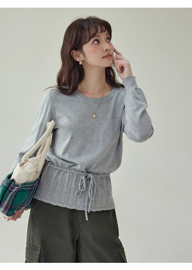 小眾抽繩提花下擺針織衫女秋季新款長袖內搭上衣,小眾抽繩提花下擺針織衫女秋季新款長袖內搭上衣,HBEW1094,小眾抽繩提花下擺針織衫女秋季新款長袖內搭上衣,簡約大方,抽繩衣襬