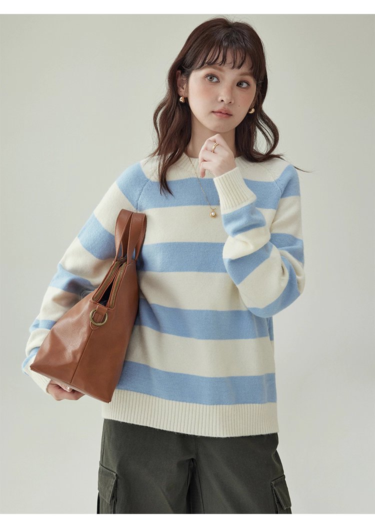 韓國拼色條紋插肩袖毛衣女秋款新款休閒寬鬆上衣
