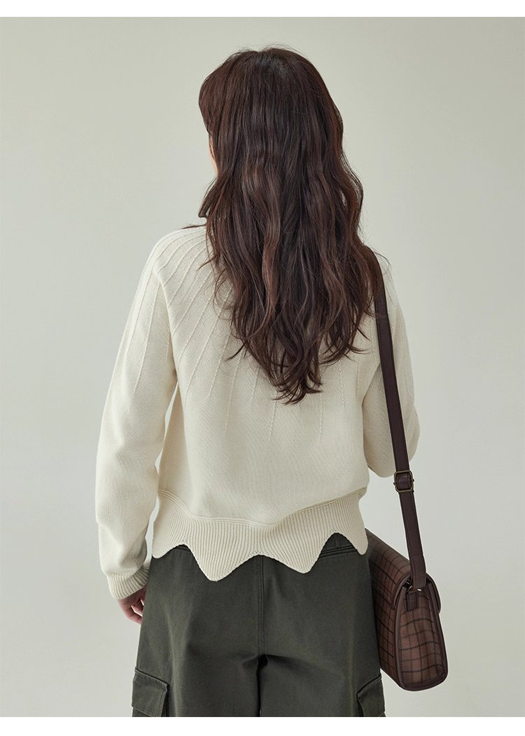 設計感波浪下擺純棉針織衫女秋冬季新款長袖上衣