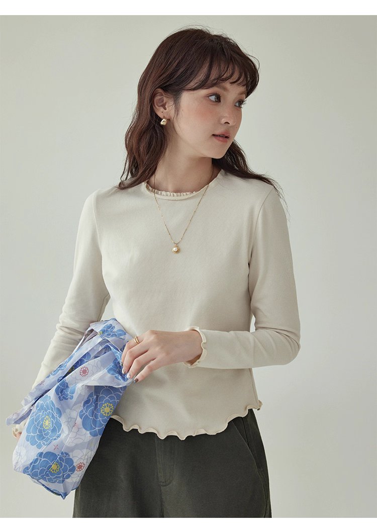 小眾花邊圓領長袖打底T恤女秋新款寬鬆純色上衣