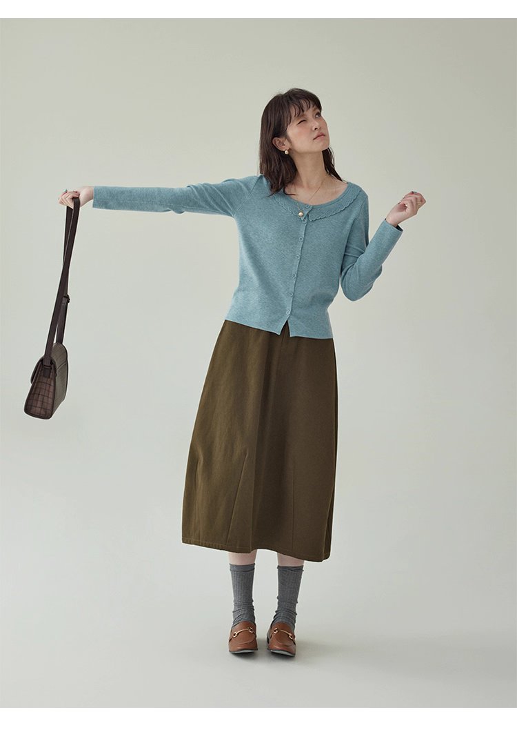 藍色圓領針織衫女秋季絕美短款修身長袖開襟衫上衣