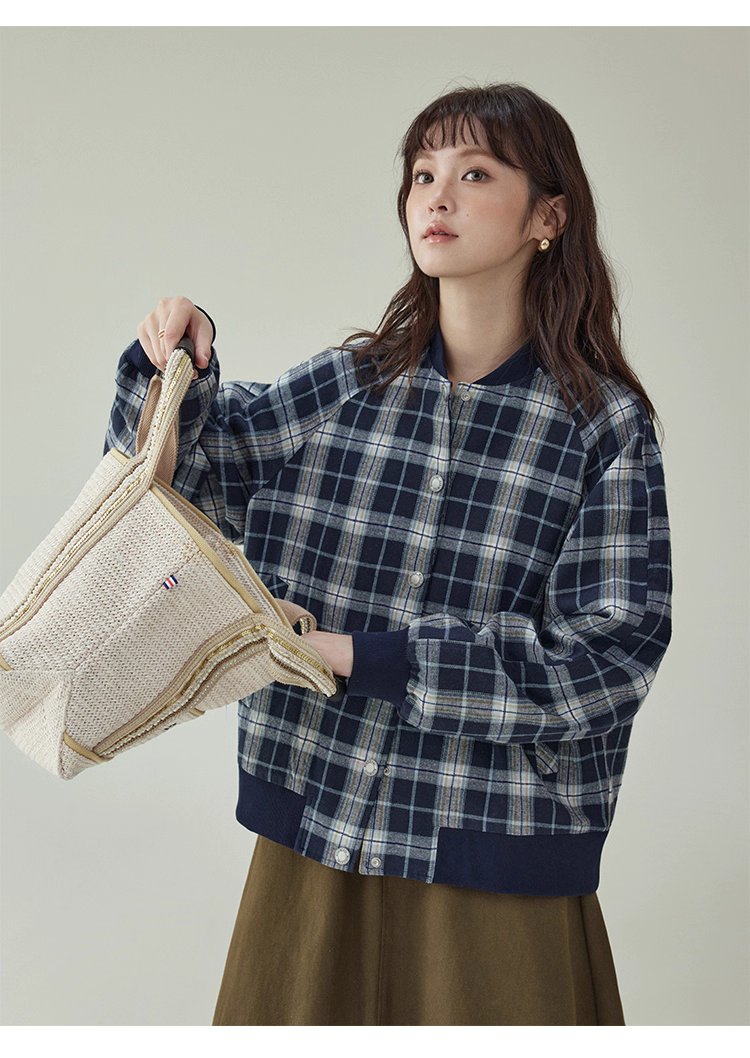 撞色格紋插肩袖摁扣外套女秋季新款長袖外套上衣