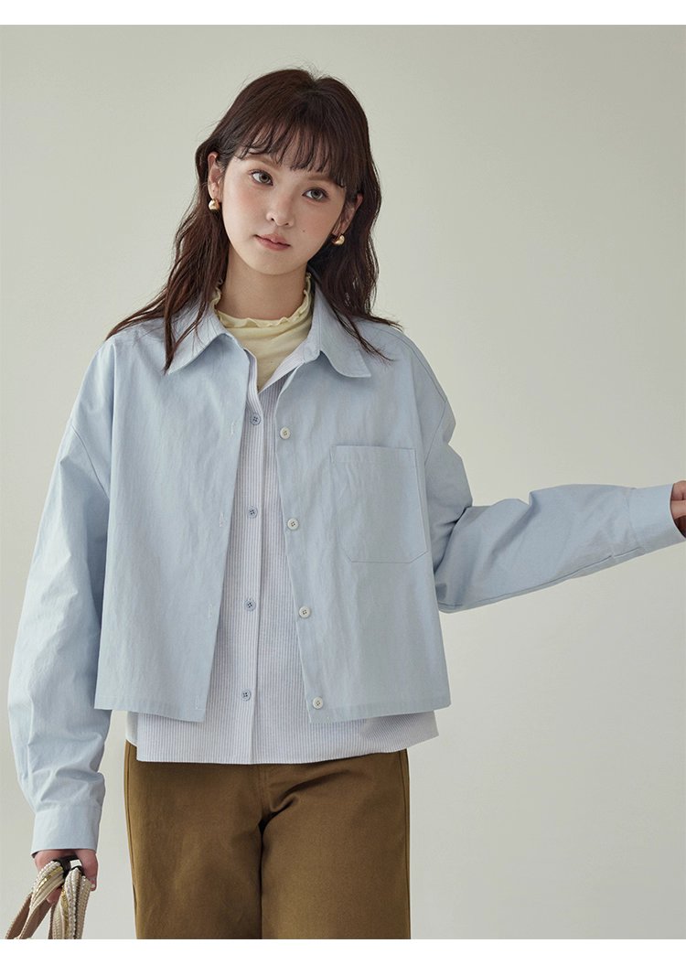 藍色假兩件外套襯衫女秋季超好看單排扣長袖上衣,藍色假兩件外套襯衫女秋季超好看單排扣長袖上衣,HBEW5073,藍色假兩件外套襯衫女秋季超好看單排扣長袖上衣,假兩件式,造型加分