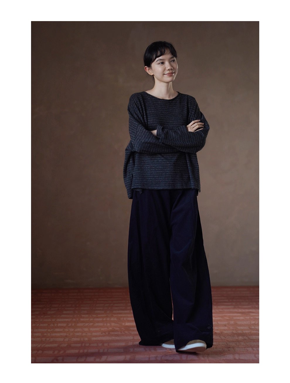 復古柔光細條100棉燈芯絨顯瘦高腰可調式腳口寬鬆長褲女