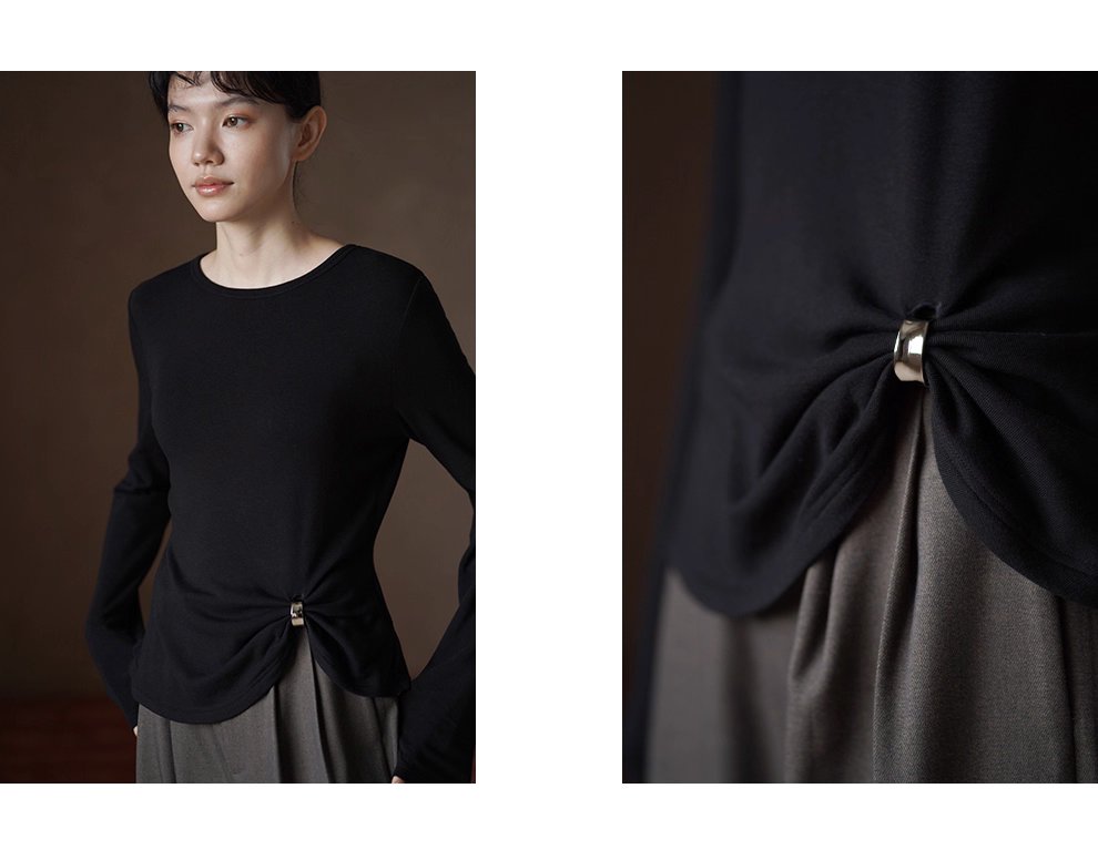 先鋒極簡感金屬扣蝴蝶結下擺圓領彈性基礎長袖內搭T恤女