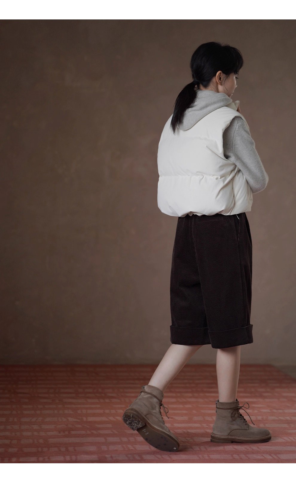 保暖軟糯小泡芙格外套紋肌理寬鬆短款立領夾棉馬甲棉服