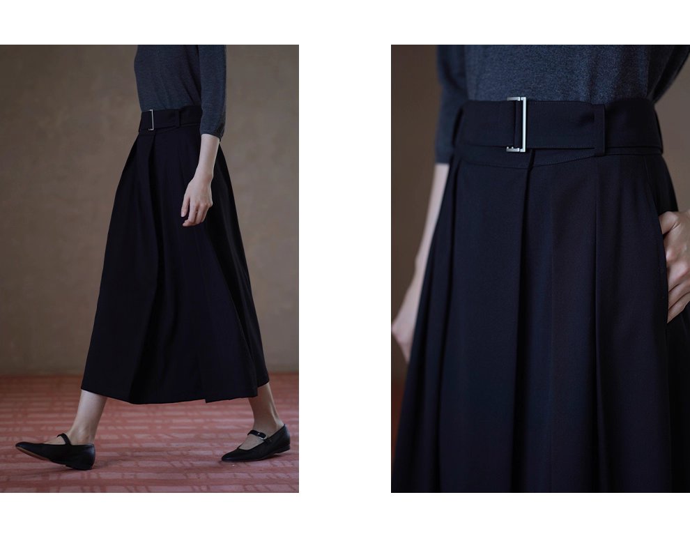 簡約法式高腰中長A字顯瘦通勤不挑人百褶腰帶半身裙女
