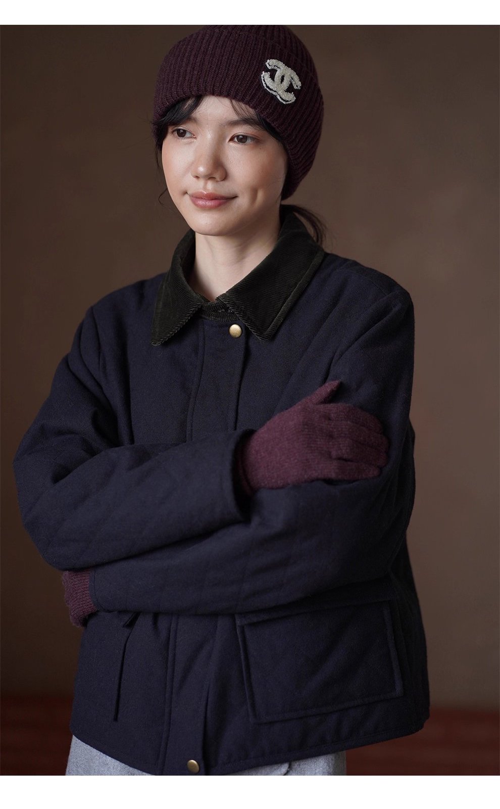 復古英倫配色撞色燈芯絨翻領正肩短款菱形格絎棉外套女